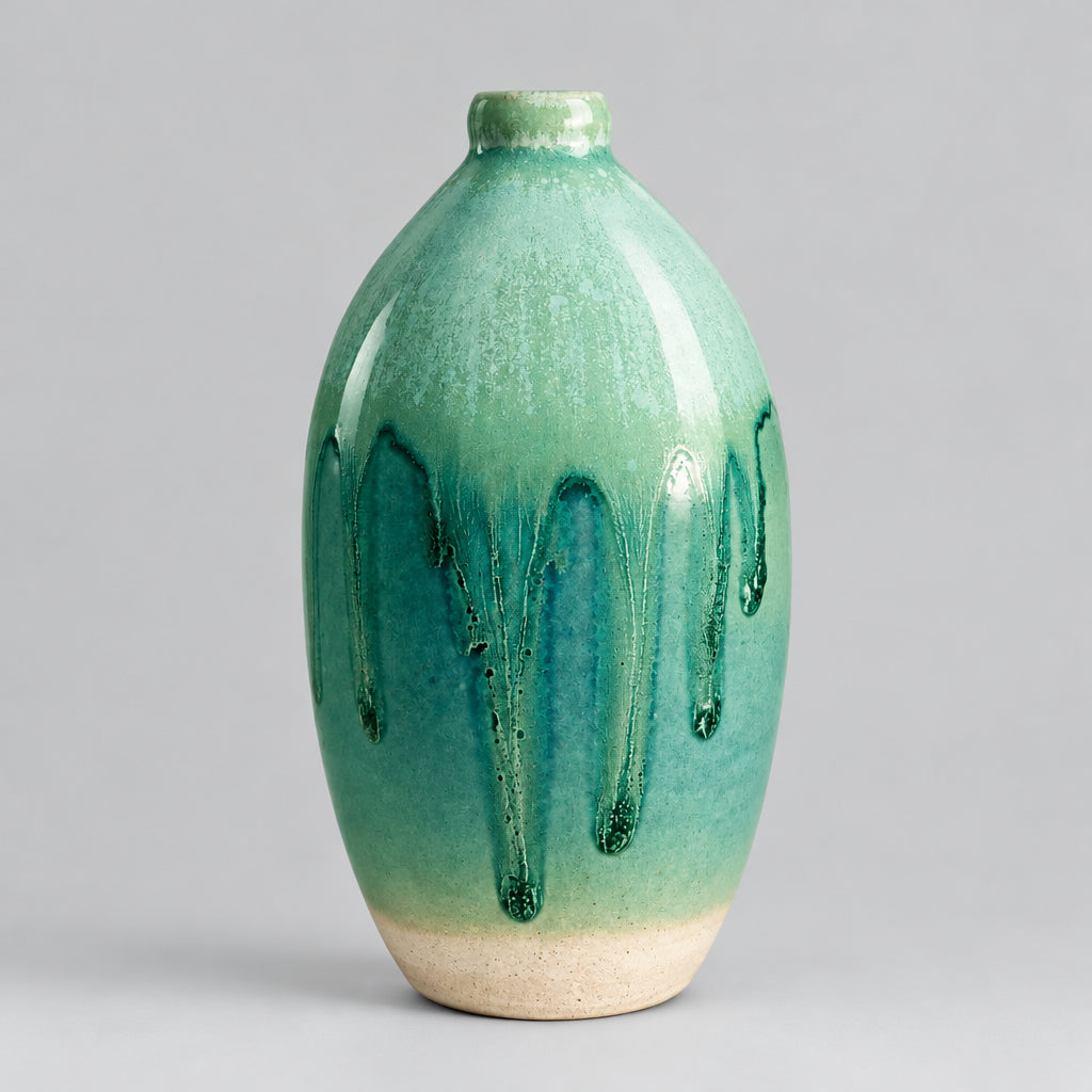 A small ceramic vase with a rounded body and short neck, featuring a matte glaze that transitions from pale mint green at the top to teal and deep green at the bottom, with dripped glaze details.