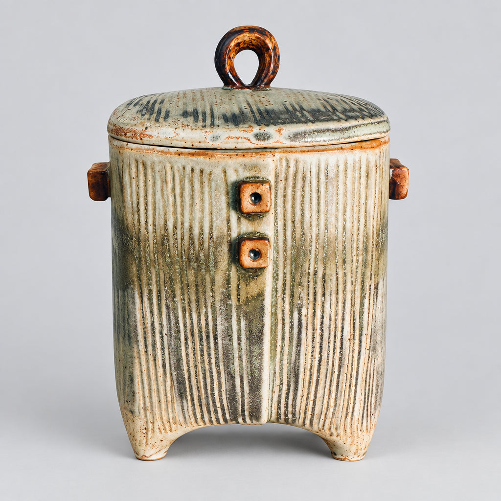 A handmade ceramic lidded container with a ribbed vertical texture, featuring a rustic brown loop handle on top, two small square protruding handles on the sides, and two matching front knobs. The container has a distressed glaze transitioning from cream to olive to charcoal grey.