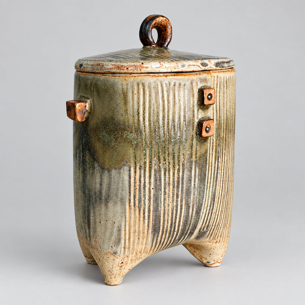 A handmade ceramic lidded container with a ribbed vertical texture, featuring a rustic brown and beige glaze, a loop handle on top, and two small square side tabs, displayed on a light wood surface against a neutral gray backdrop.